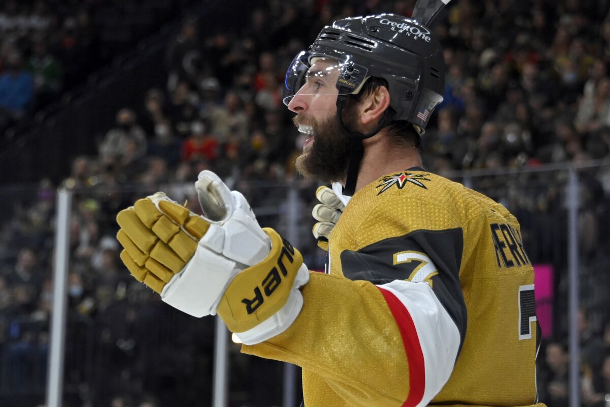 Vegas Golden Knights defenseman Alex Pietrangelo reacts after a delay of game penalty was called against him during the third period of the team's NHL hockey game against the Seattle Kraken on Tuesday, Nov. 9, 2021, in Las Vegas. (AP Photo/David Becker)