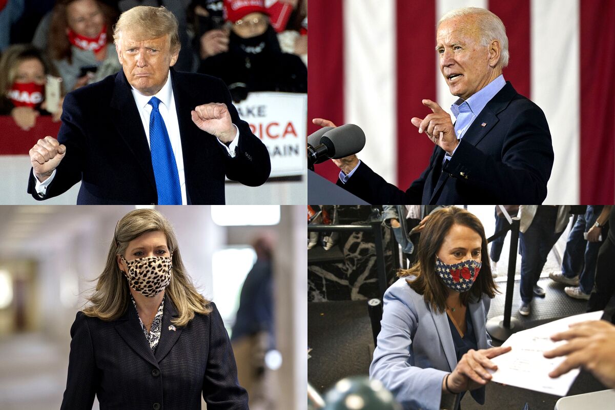 Four-photo collage of President Trump, Joe Biden, Senate candidate Theresa Greenfield and Republican Iowa Senator Joni Ernst