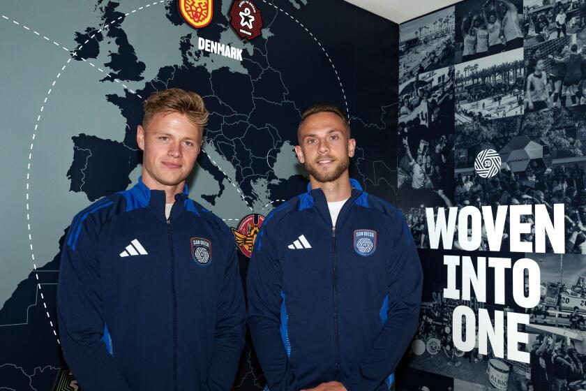 New San Diego FC players Jeppe Tverskov, left, and Marcus Ingvartsen are shown at the club's Little Italy headquarters.