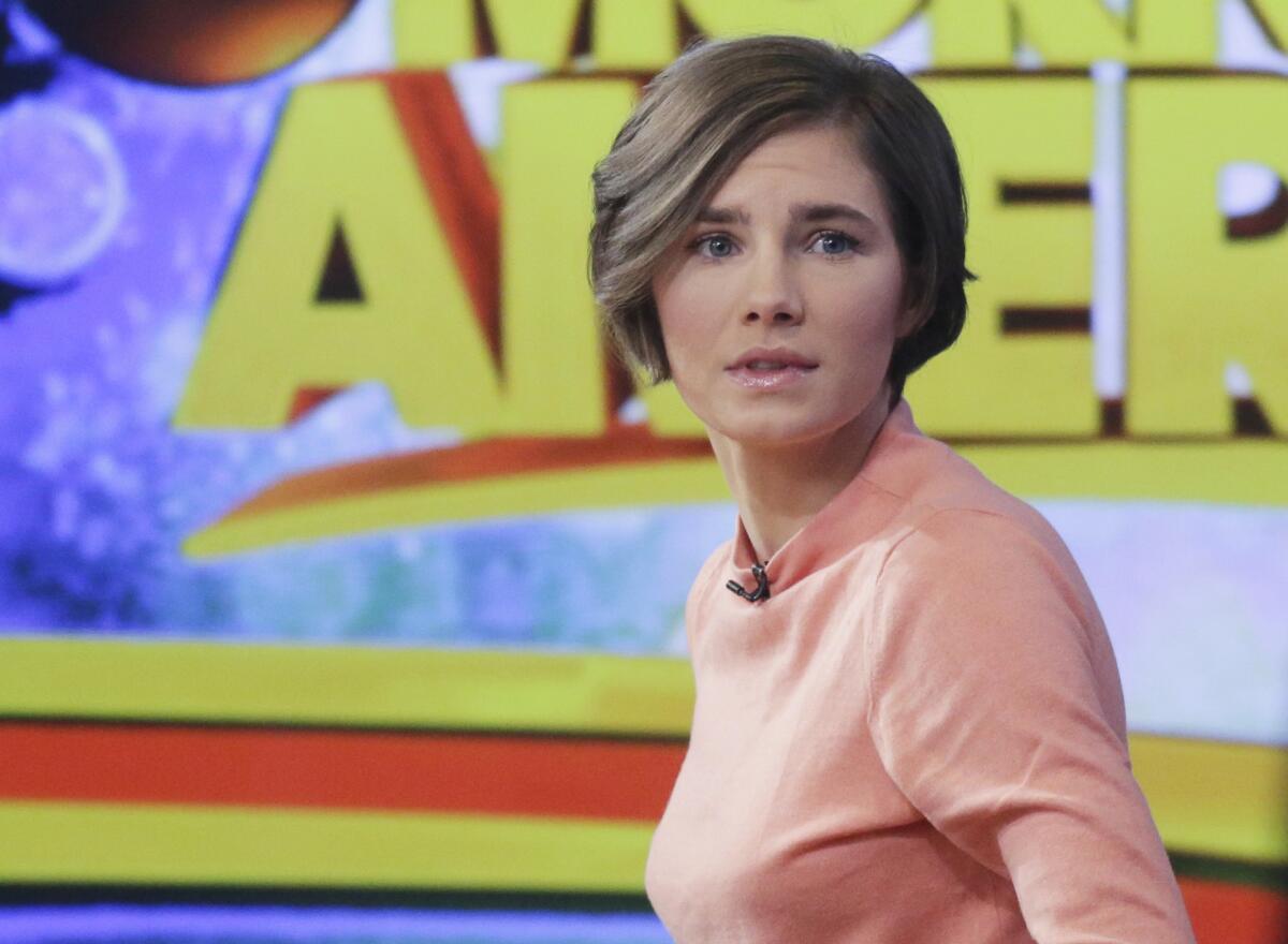 Amanda Knox prepares to leave the set following a television interview in New York on Jan. 31, 2014.