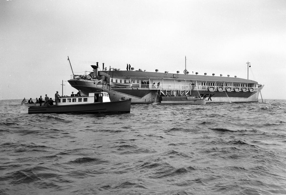 The S.S. Rex is photographed during 1939's Battle of Santa Monica Bay. 