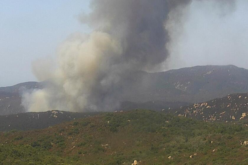 In this image from an AlertCalifornia/UC San Diego monitoring camera, the Tenaja fire in Riverside county near the Tenaja Truck Trail in the Cleveland National Forest, authorities said. It was mapped at 100 acres as of 1:45 p.m.