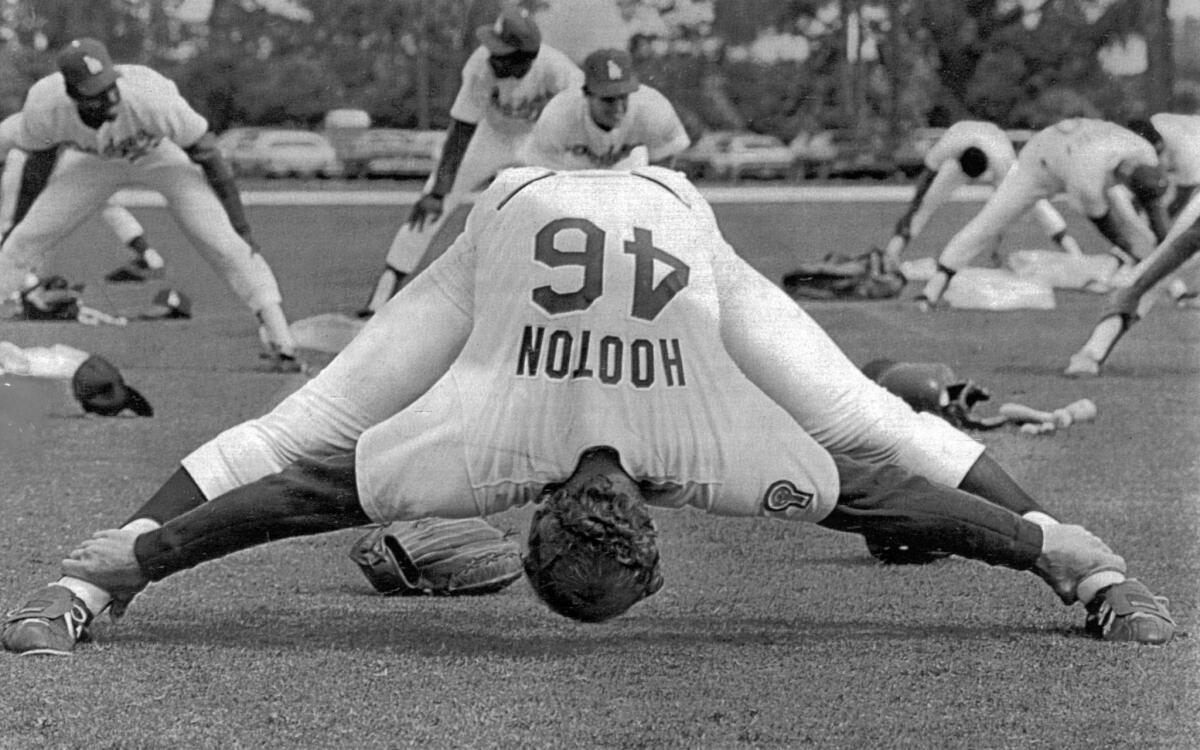 Feb. 26, 1982: Dodgers' Burt Hooton shows his flexibility at Vero Beach.