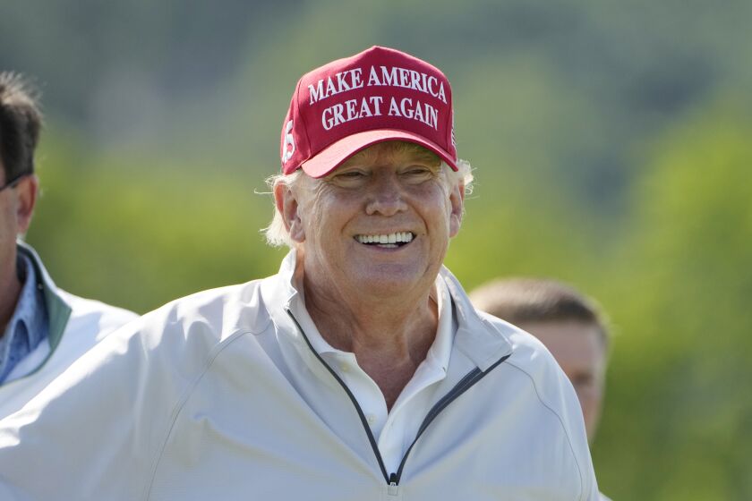 Former President Donald Trump during the LIV Golf Pro-Am at Trump National Golf Club, Thursday, May 25, 2023, in Sterling, Va. (AP Photo/Alex Brandon)
