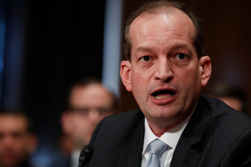 Labor secretary-designate Alexander Acosta testifies on Capitol Hill in Washington, March 22, 2017, at his confirmation hearing before the Senate Health, Education, Labor and Pensions Committee. (AP Photo/Manuel Balce Ceneta)
