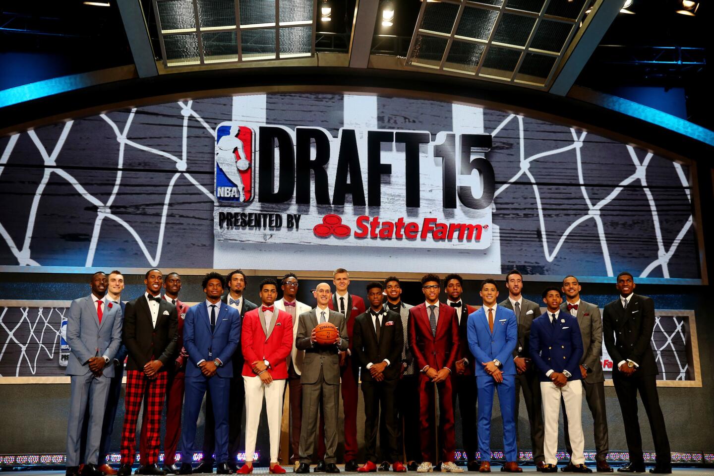 Commissioner Adam Silver poses for a photo with the top prospects before the start of the first round of the 2015 NBA draft at Barclays Center in Brooklyn, N.Y.