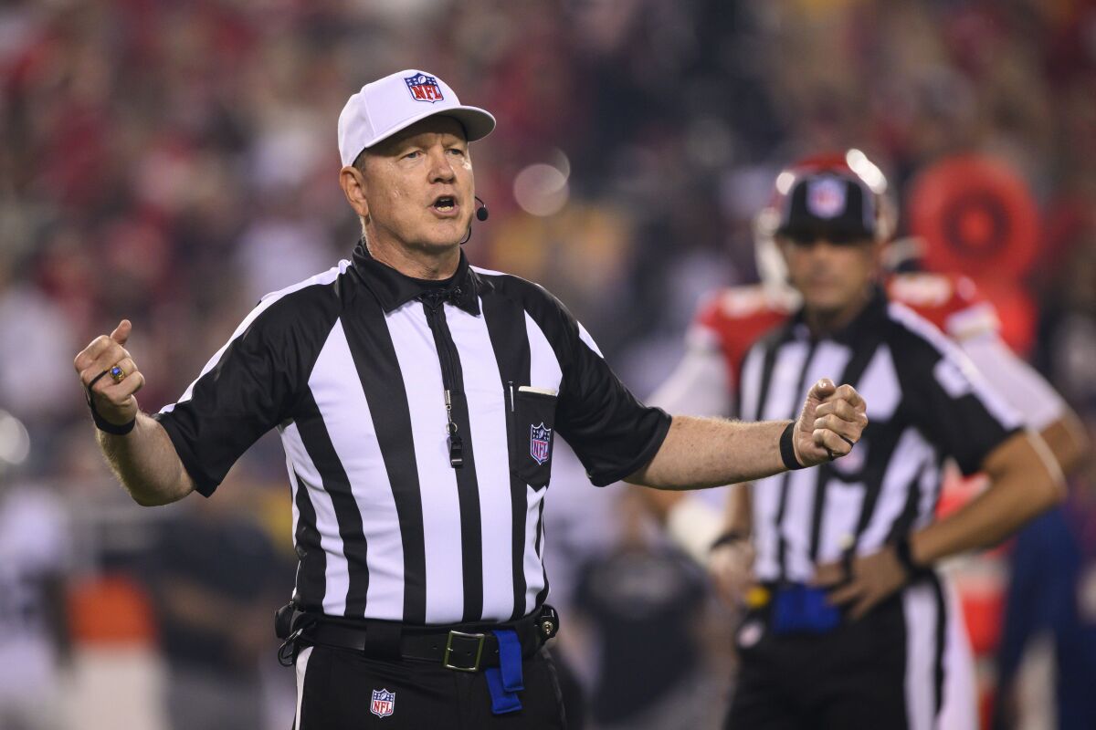 Referee Carl Cheffers makes a call during a game between the Kansas City Chiefs and Las Vegas Raiders on Oct. 10.
