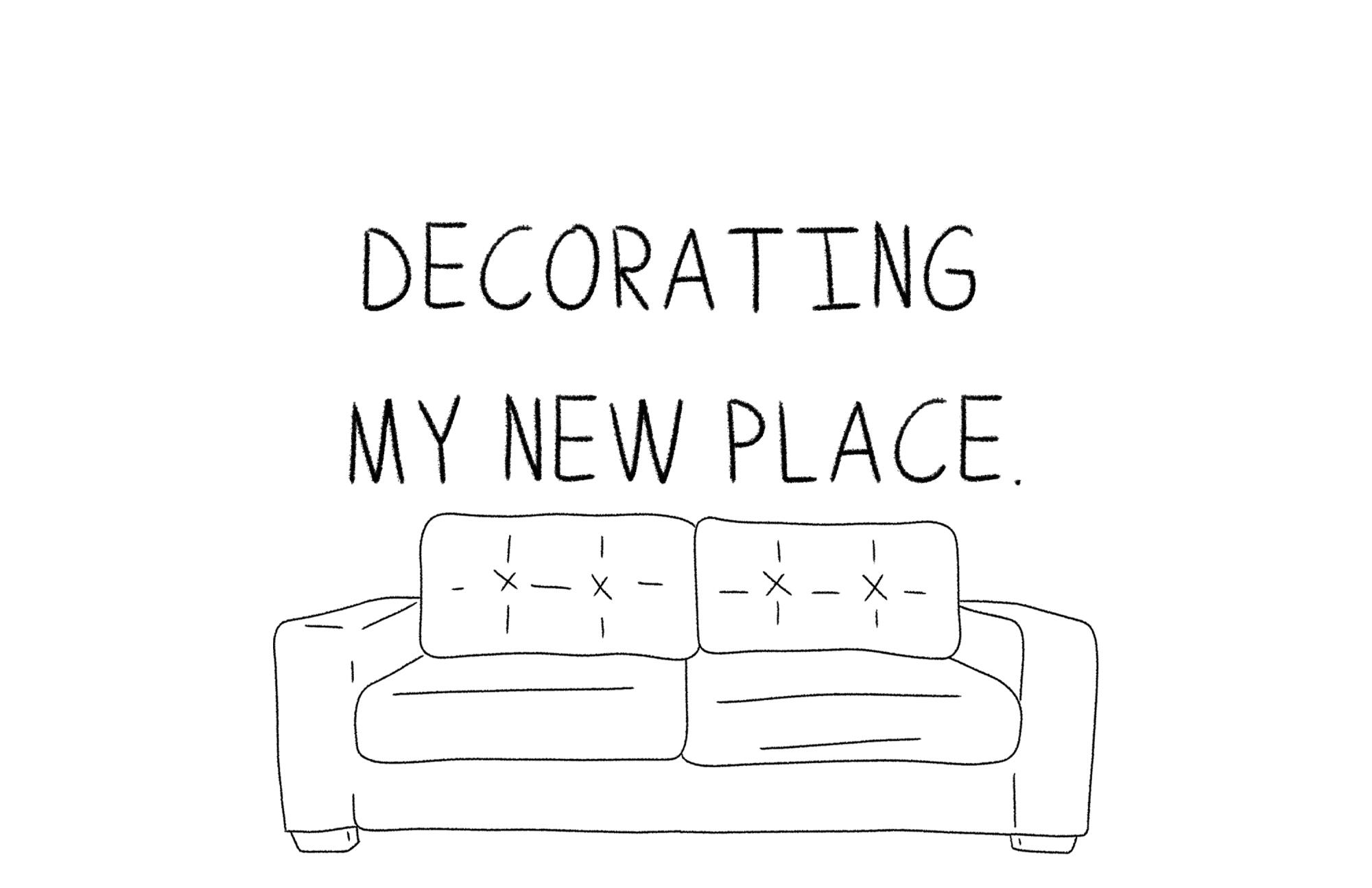 text: 'decorating my new place' illustration of a couch