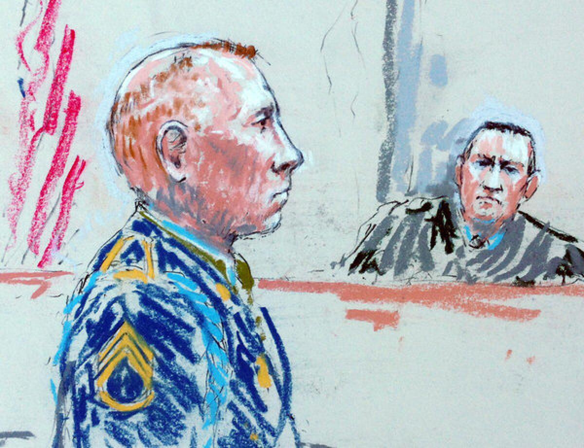 An artist's rendering shows Army Staff Sgt. Robert Bales appearing before Judge Col. Jeffery Nance in a courtroom at Joint Base Lewis-McChord, Wash.