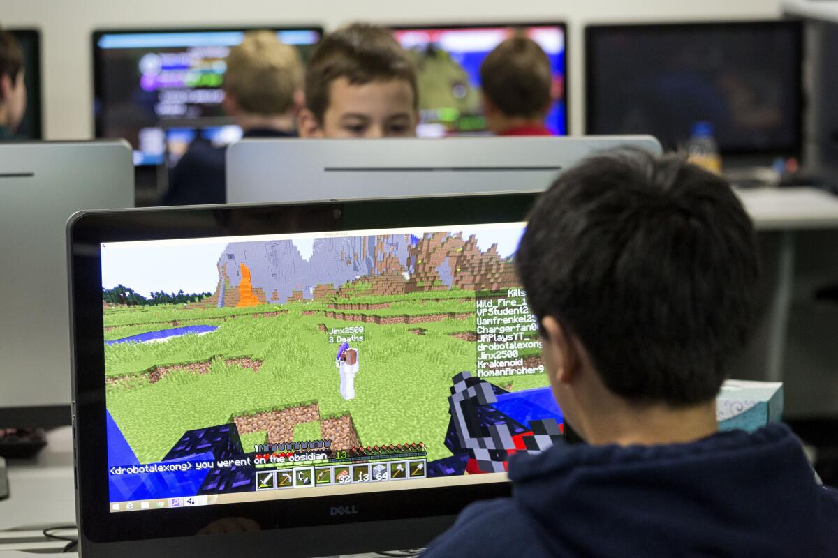 Viewpoint School students began regularly broadcasting on Twitch from a classroom earlier this year. (Ricardo DeAratanha / Los Angeles Times)