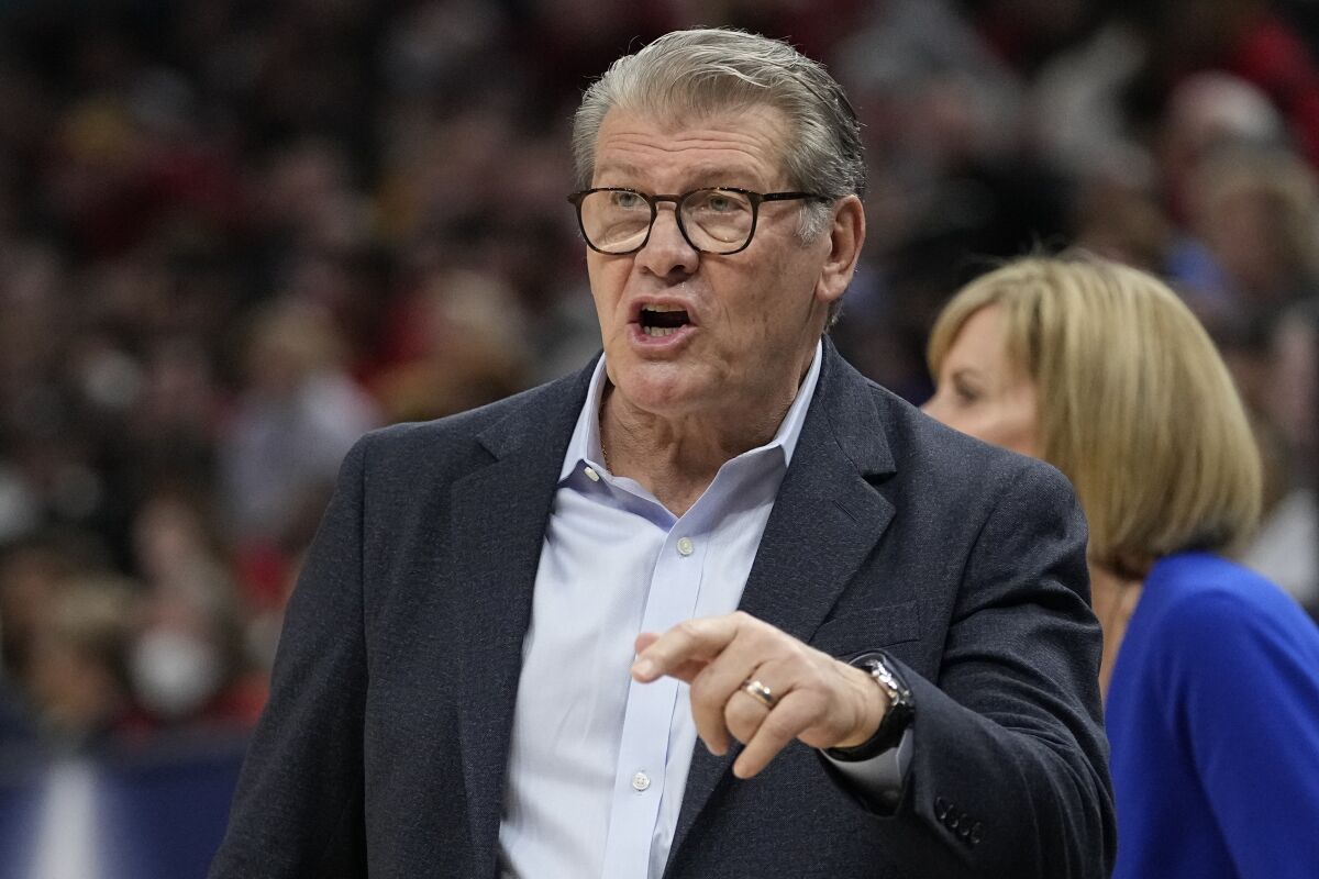 UConn head coach Geno Auriemma reacts during the first half of a college basketball game in the semifinal round of the Women's Final Four NCAA tournament Friday, April 1, 2022, in Minneapolis. (AP Photo/Eric Gay)