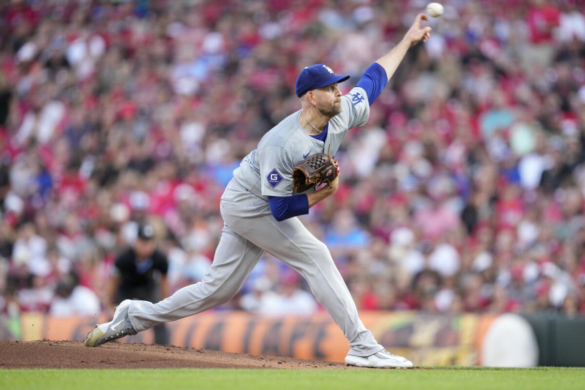 Dodgers starting pitcher James Paxton delivers against the Reds in the first inning Friday.