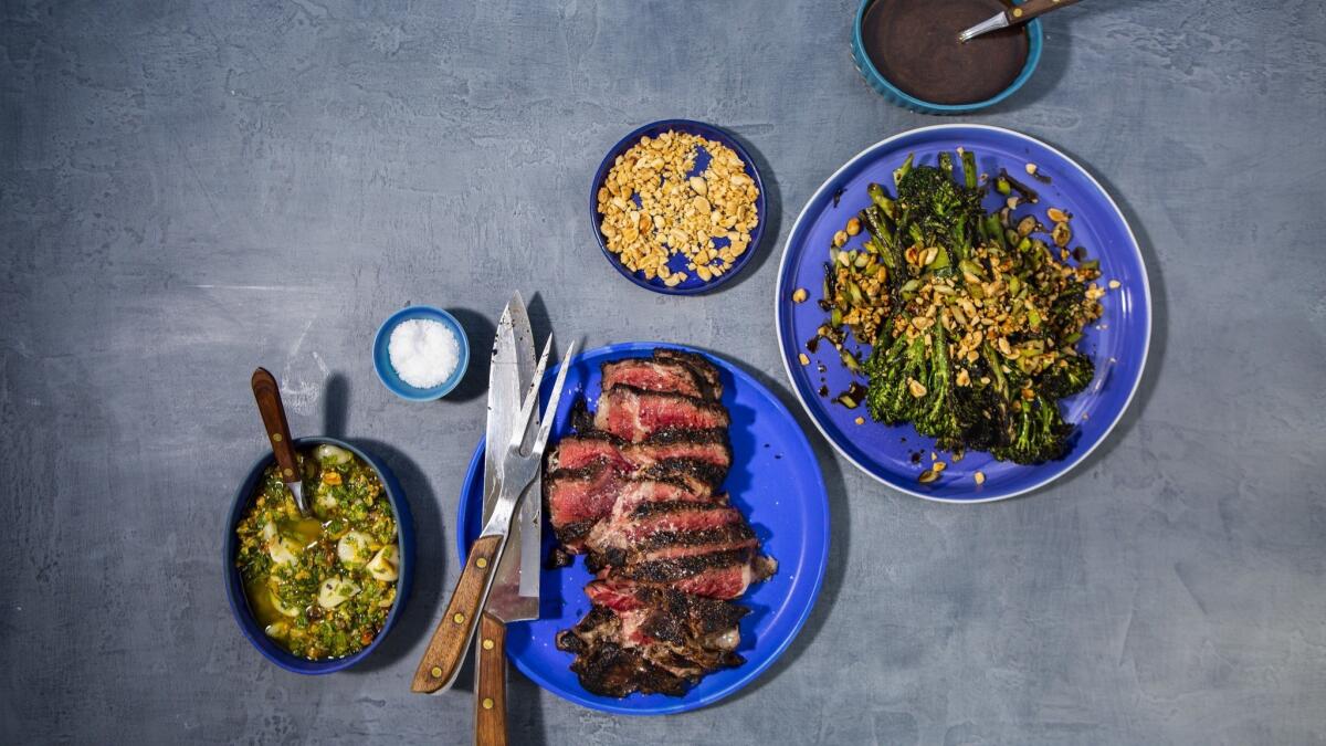 Bone-in rib-eye steak served with gremolata and sweet, smoky balsamic vinaigrette.