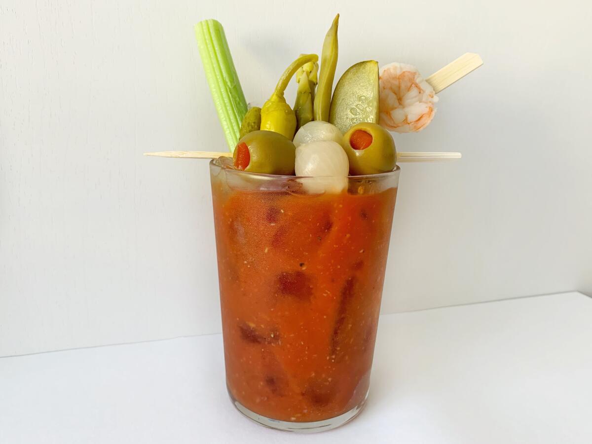 The classic brunch cocktail is best enjoyed on its own, with lots of pickled garnishes to snack on while you drink.
