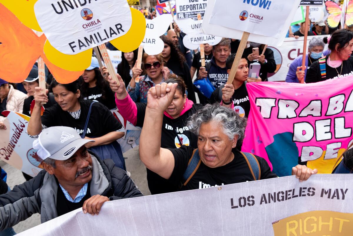 Members of the Coalition for Humane Immigrant Rights of L.A. rally on May Day in 2023 in Los Angeles.