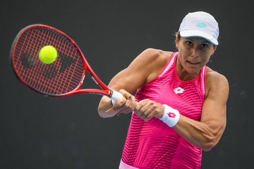 United States' Varvara Lepchenko makes a backhand return to Japan's Mayo Hibi during a tuneup tournament ahead of the Australian Open tennis championships in Melbourne, Australia, Monday, Feb. 1, 2021. Lepchenko has had her doping suspension for use of a banned stimulant reduced from four years to 21 months as part of an agreement with the International Tennis Federation. (AP Photo/Andrew Brownbill, File)