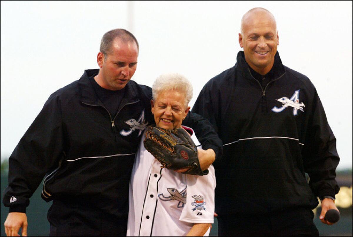 Vi Ripken with her sons, Bill, left, and Cal Jr. in 2012.
