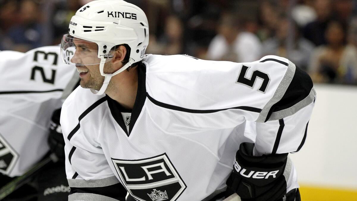 Kings defenseman Jamie McBain gets set for a face-off against the Ducks.