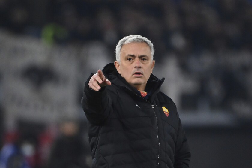 Roma's coach Jose Mourinho gestures during the Serie A soccer match between Roma and Spezia at the Olympic stadium in Rome, Monday Dec. 13, 2021. (Alfredo Falcone/LaPresse via AP)