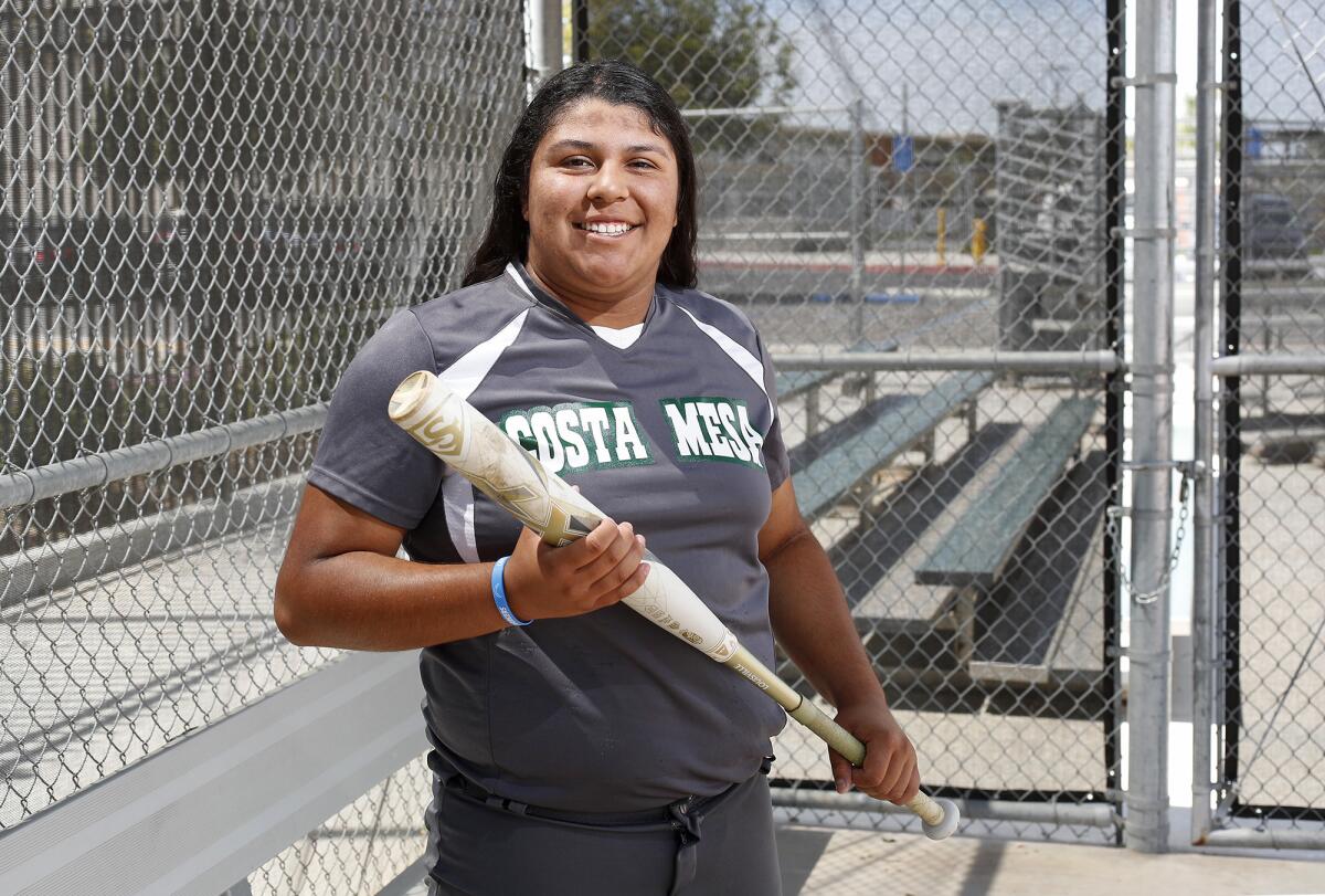 Costa Mesa's Katie Belmontes went four for five with two home runs and nine RBIs in the Battle for the Bell game against Estancia on April 5.
