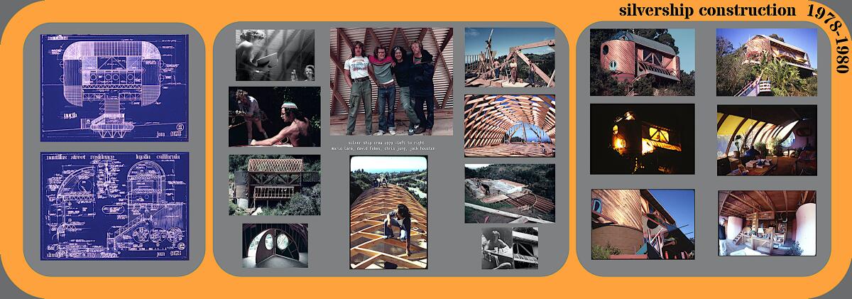 A collage of Eugene Ray's design and construction of his Silver Ship home in La Jolla.