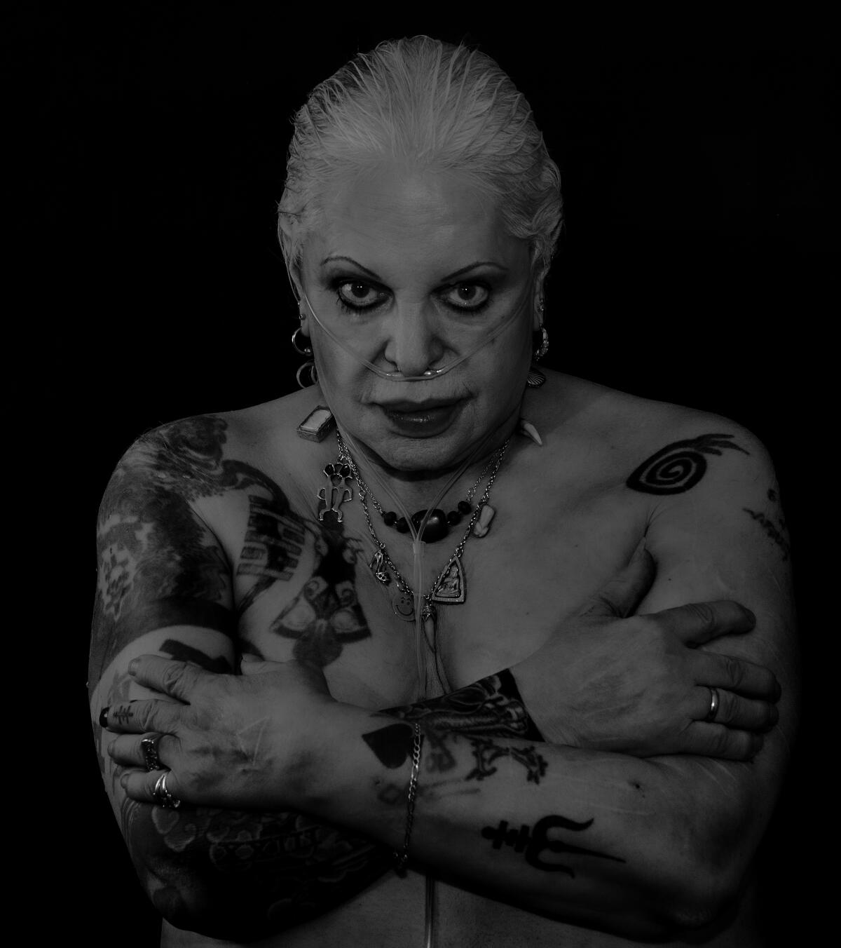 Portrait of iconic transgender artist and experimental musician Genesis P Orridge in their New York home.