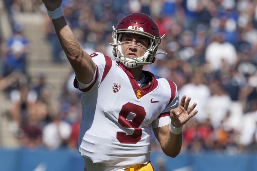 PROVO, UT - SEPTEMBER 14 : Kedon Slovis #9 of the USC Trojans throws a pass against the BYU Cougars during their game at LaVell Edwards Stadium on September 14, 2019 in Provo, Utah. (Photo by Chris Gardner/Getty Images)