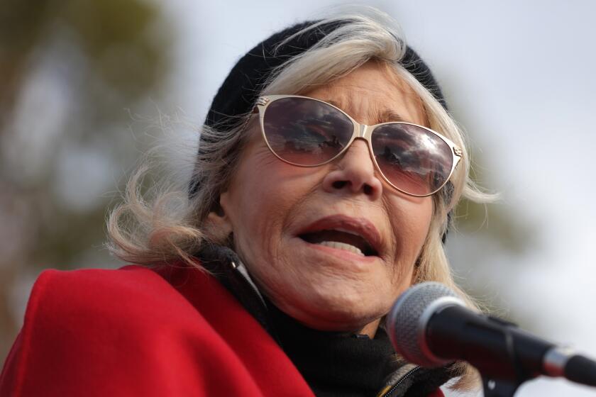 WASHINGTON, DC - NOVEMBER 08: Actress Jane Fonda speaks during a rally prior to a march from the U.S. Capitol to the White House as part of her "Fire Drill Fridays" rally protesting against climate change November 08, 2019 in Washington, DC. The demonstrators temporarily blocked the White House northwest gate and said they were ready to be arrested. No one was arrested before they ended the protest and ate free ice cream. (Photo by Alex Wong/Getty Images) ** OUTS - ELSENT, FPG, CM - OUTS * NM, PH, VA if sourced by CT, LA or MoD **