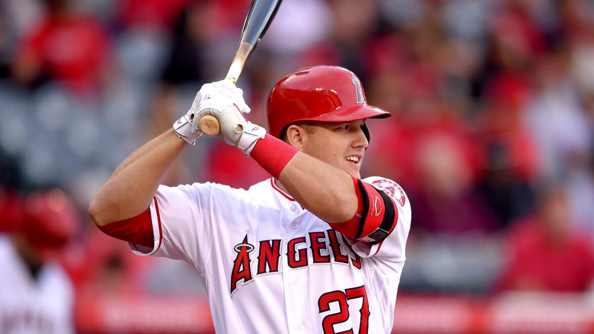 Angels center fielder Mike Trout gets set in the batter's box during a game against the Rays on May 7.