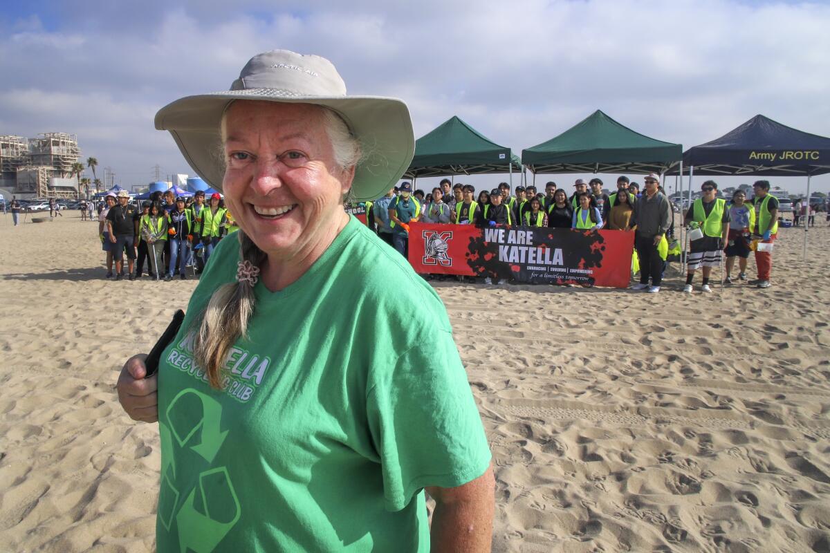 Katella High School teacher Leone Walsh at the cleanup at Huntington State Beach.