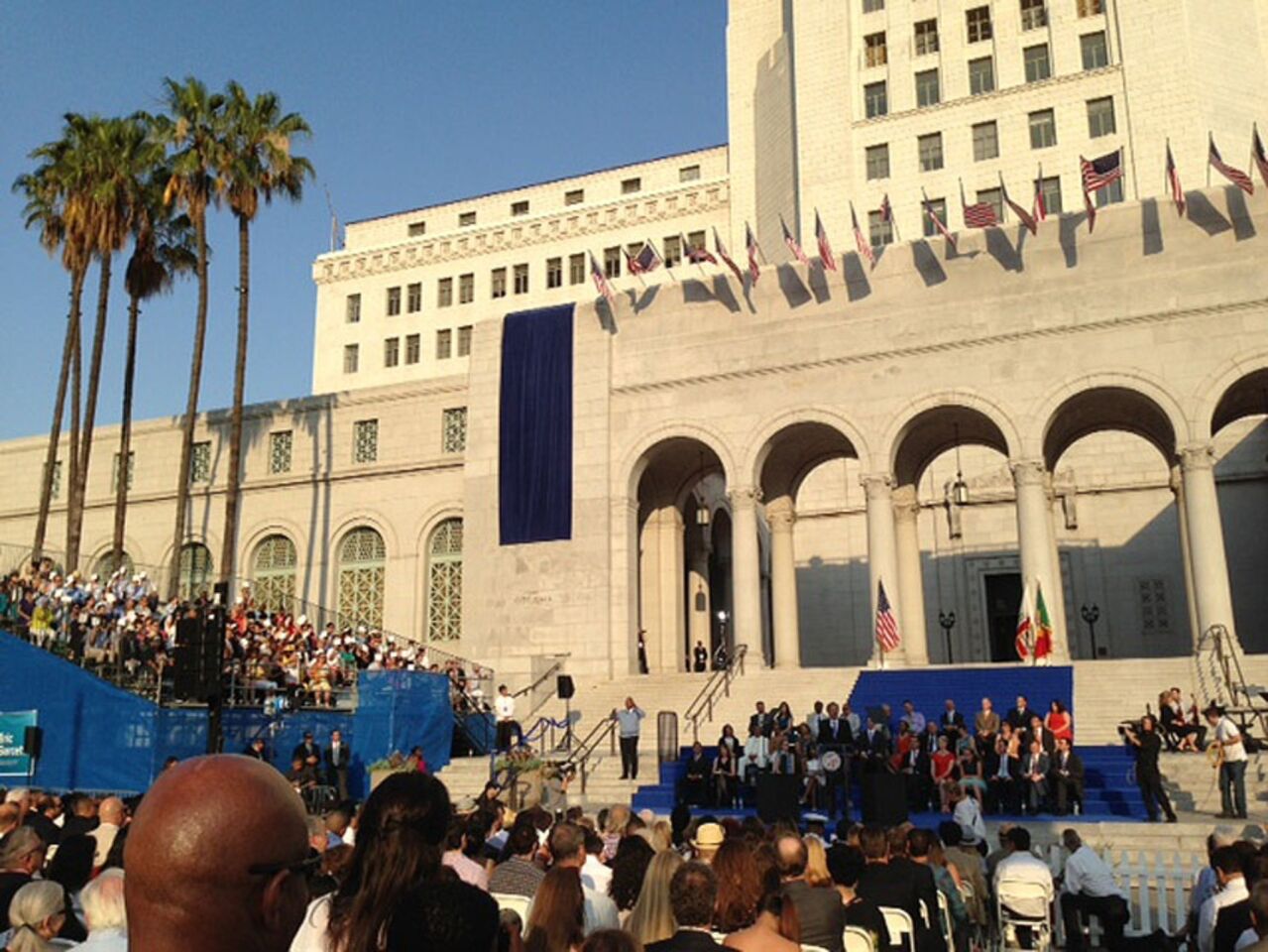 Politicians gather for the inauguration of Eric Garcetti as mayor of Los Angeles. He vowed to focus relentlessly on guiding the city's economic recovery, slashing business taxes, keeping film production from fleeing L.A. and spurring high-tech jobs on the Westside.