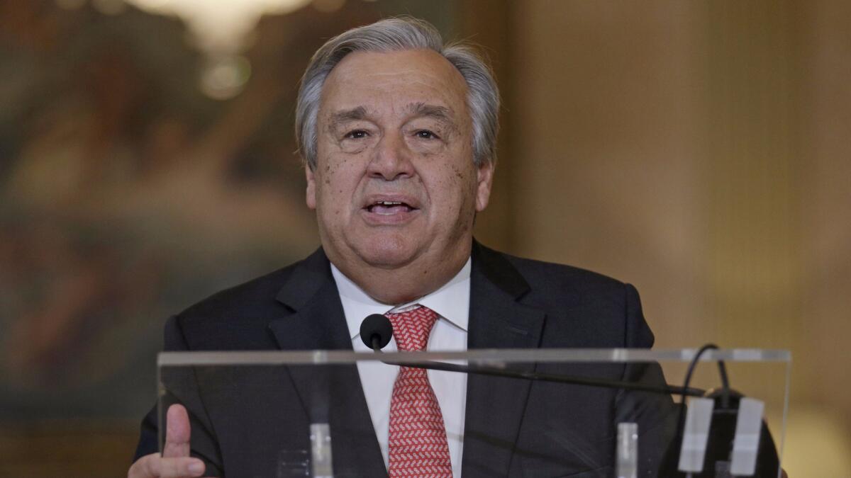Antonio Guterres, speaking to the news media in Lisbon on Thursday, spent 10 years as the U.N. high commissioner for refugees.