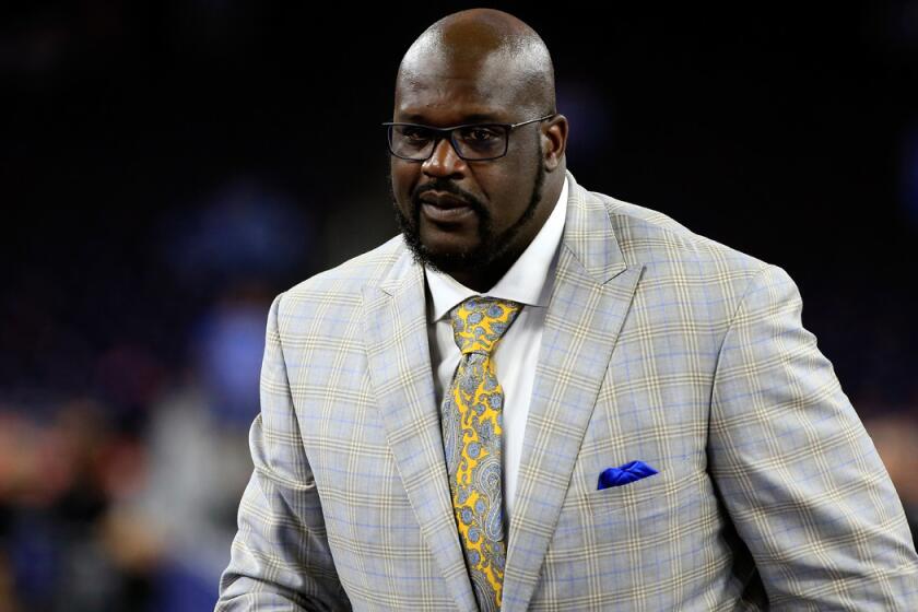 Former NBA player and commentator Shaquille O'Neal looks on prior to the 2016 NCAA men's national championship game between Villanova and North Carolina on April 4.