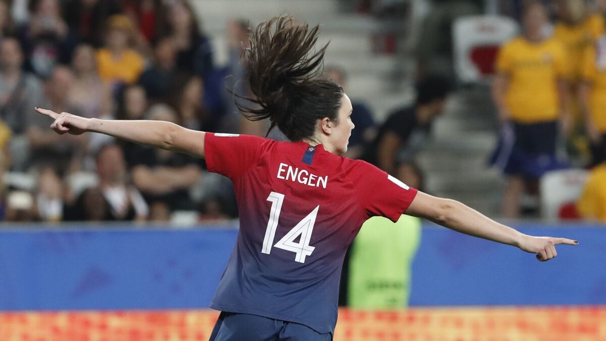 Norway's Ingrid Syrstad Engen celebrates after scoring in the penalty shootout in the Women's World Cup match between Norway and Australia in Nice, France on Saturday.