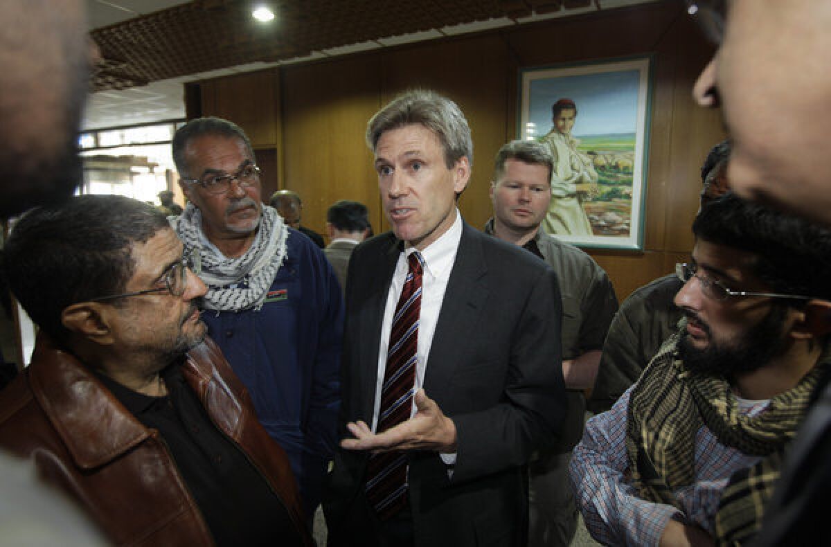 The family of slain U.S. Ambassador Christopher Stevens, photographed here on April 11, 2011, in Benghazi, Libya, announced the establishment of an endowment fund at UC Berkeley.
