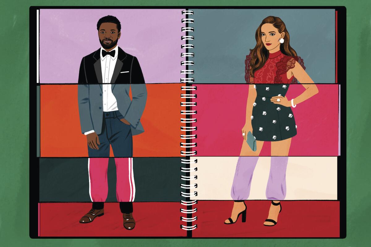 A flipbook-style illustraton of two people dressed for the Emmy Awards.