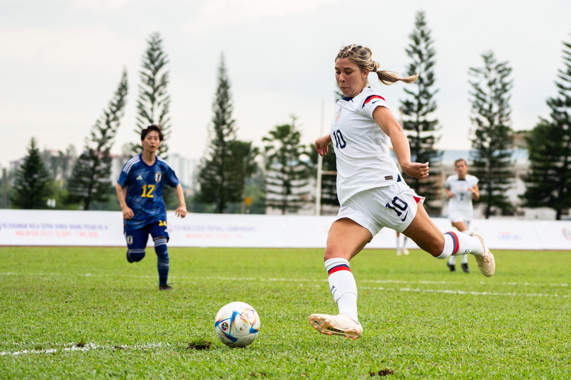 Emily Spreeman controls the ball during a U.S. women's deaf national soccer team match.