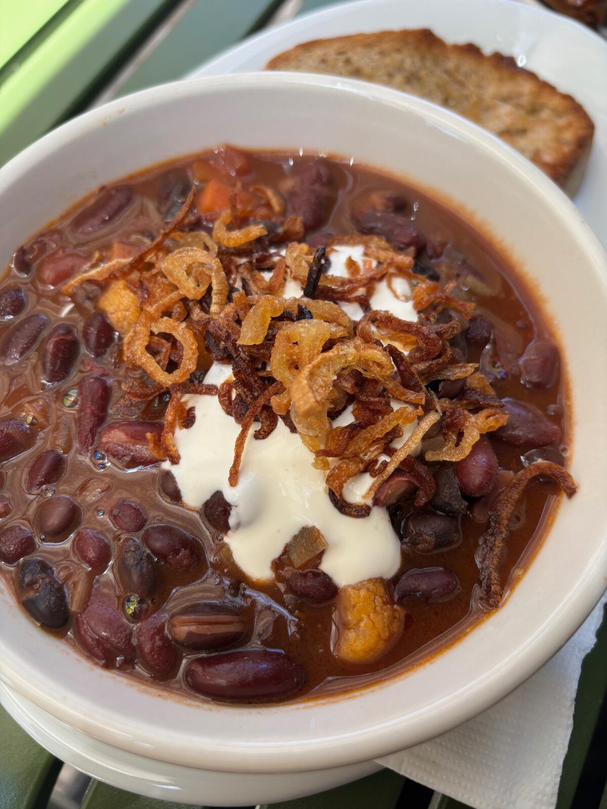 A vegetable forward bowl of chili at Rye Goods on Costa Mesa.