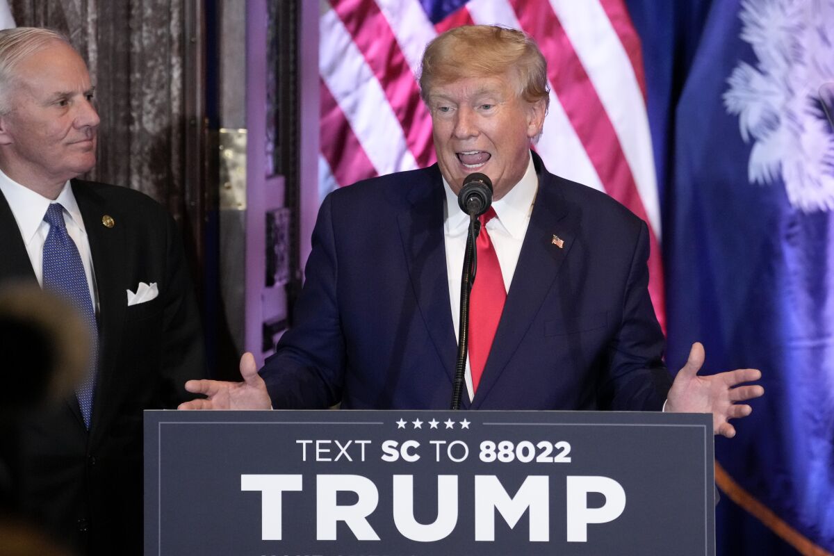 Former President Donald Trump speaks at a campaign event at the South Carolina Statehouse.
