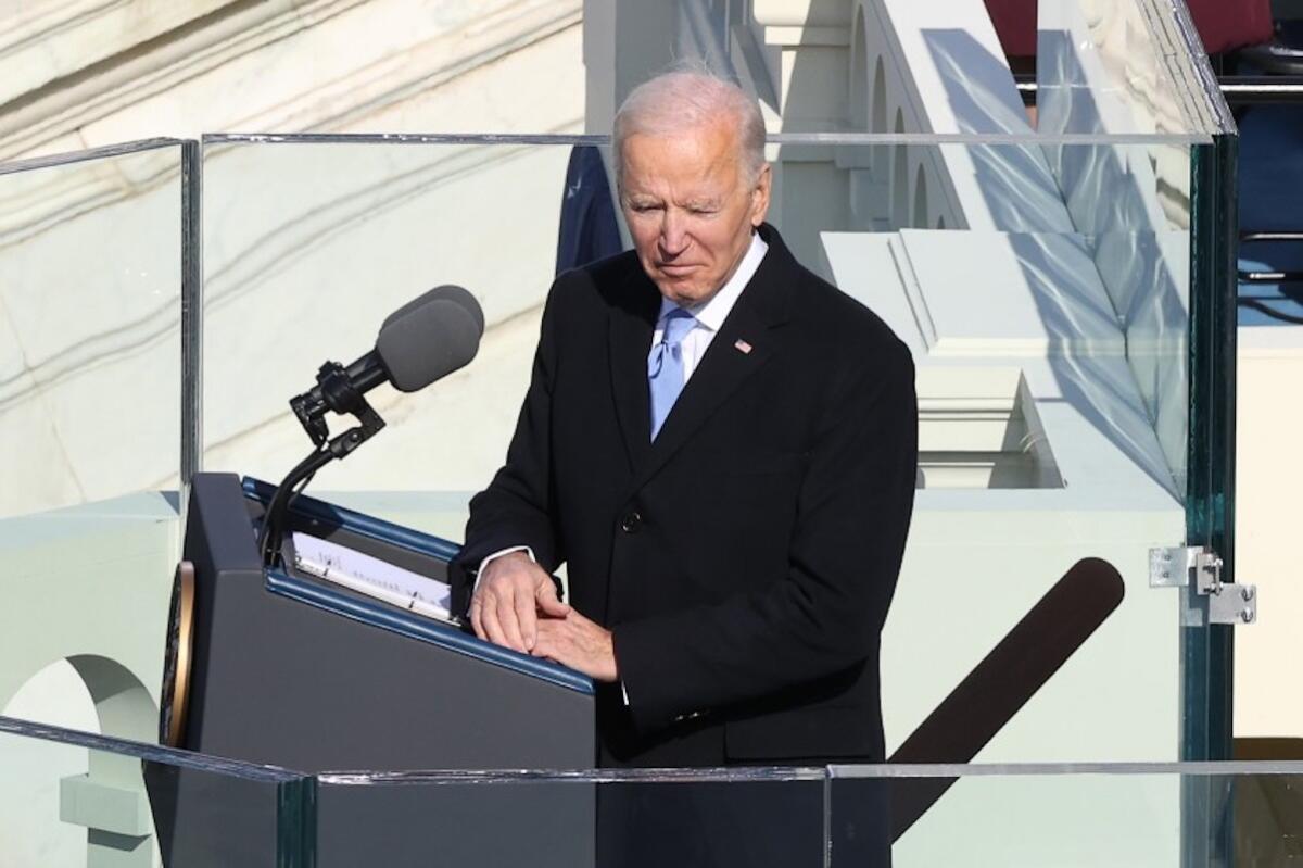 President Biden delivers his inaugural address after being sworn in on Wednesday.
