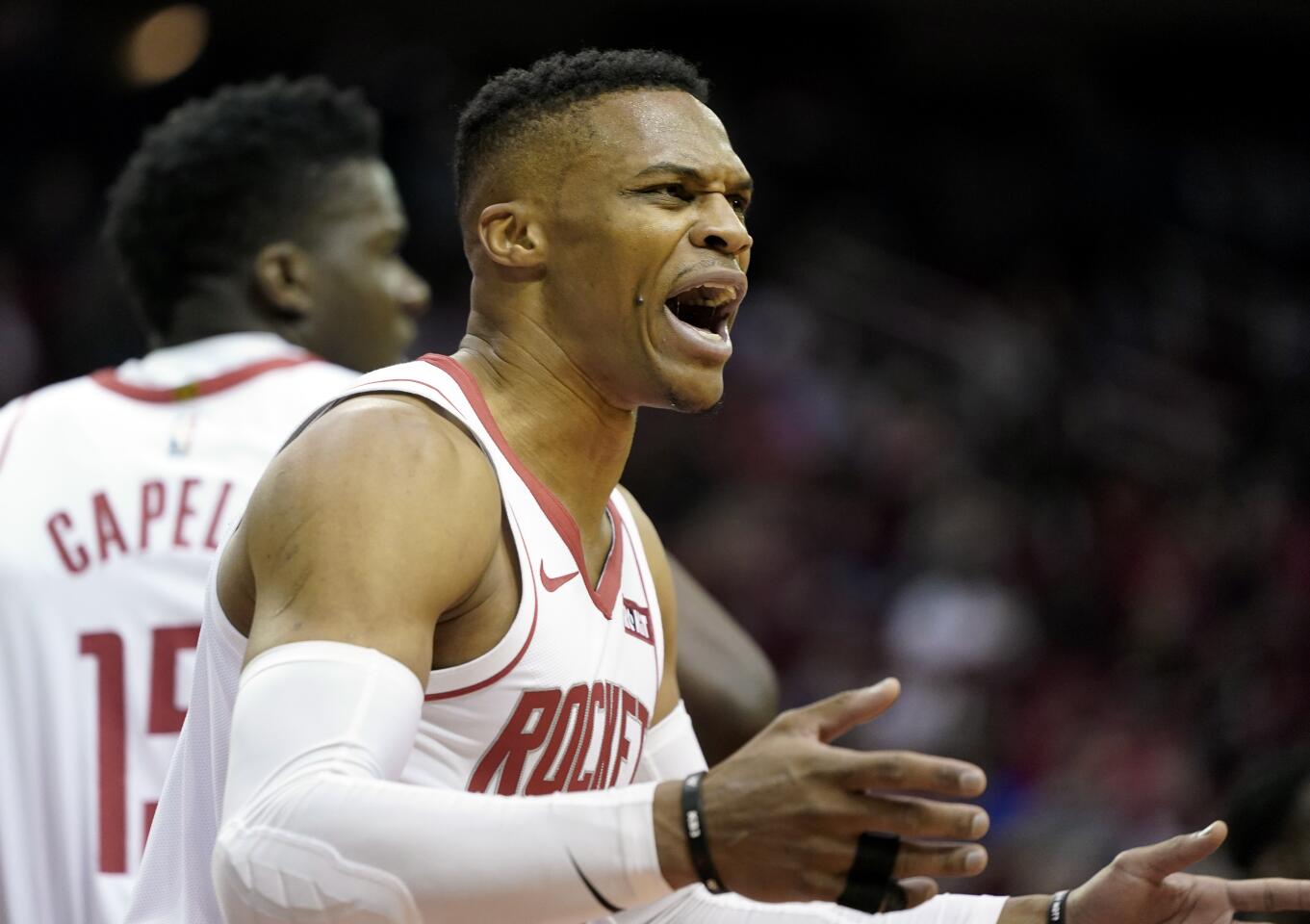 Rockets guard Russell Westbrook reacts after being called for a foul during the first half of a game Nov. 13 against the Clippers.