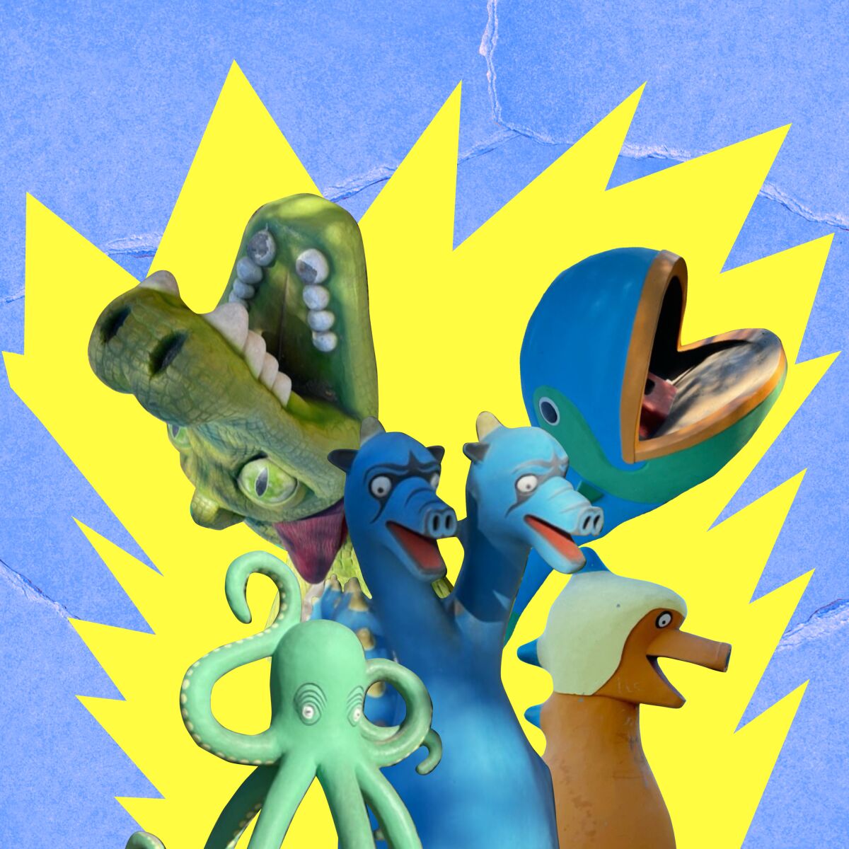 An illustration includes photos of works that resemble an octopus, dragons and more.
