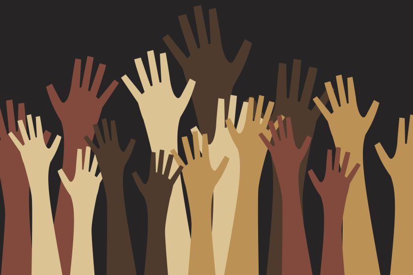 Vector illustration of a crowd od hands reaching upwards.