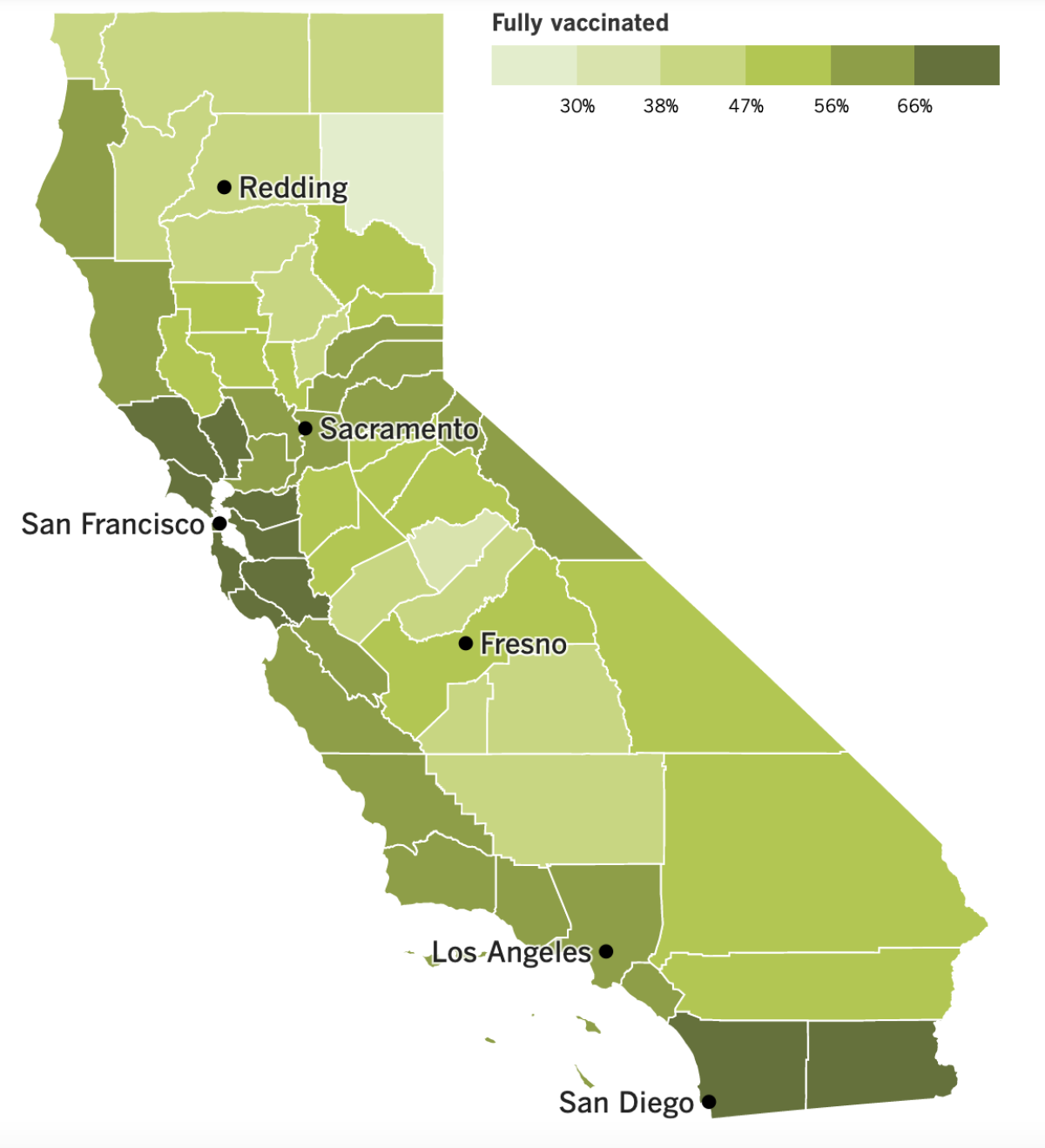 A map showing California's vaccination progress by county.