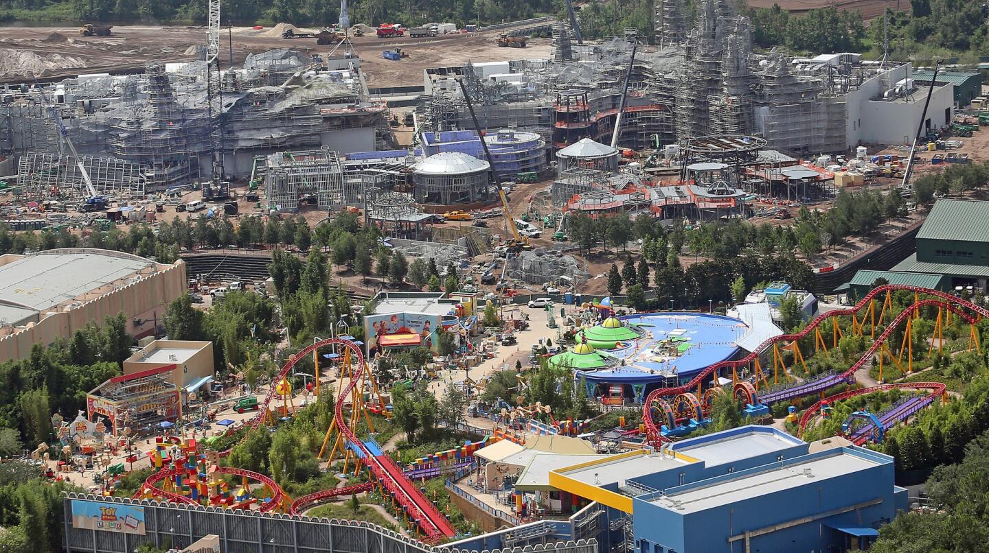 An aerial view of construction Tuesday, June 5, 2018 at Toy Story Land, foreground, and Galaxy's Edge an upcoming Star Wars-themed area both being developed at Disney's Hollywood Studios at Walt Disney World in Orlando, Florida.(Red Huber/Staff Photographer)