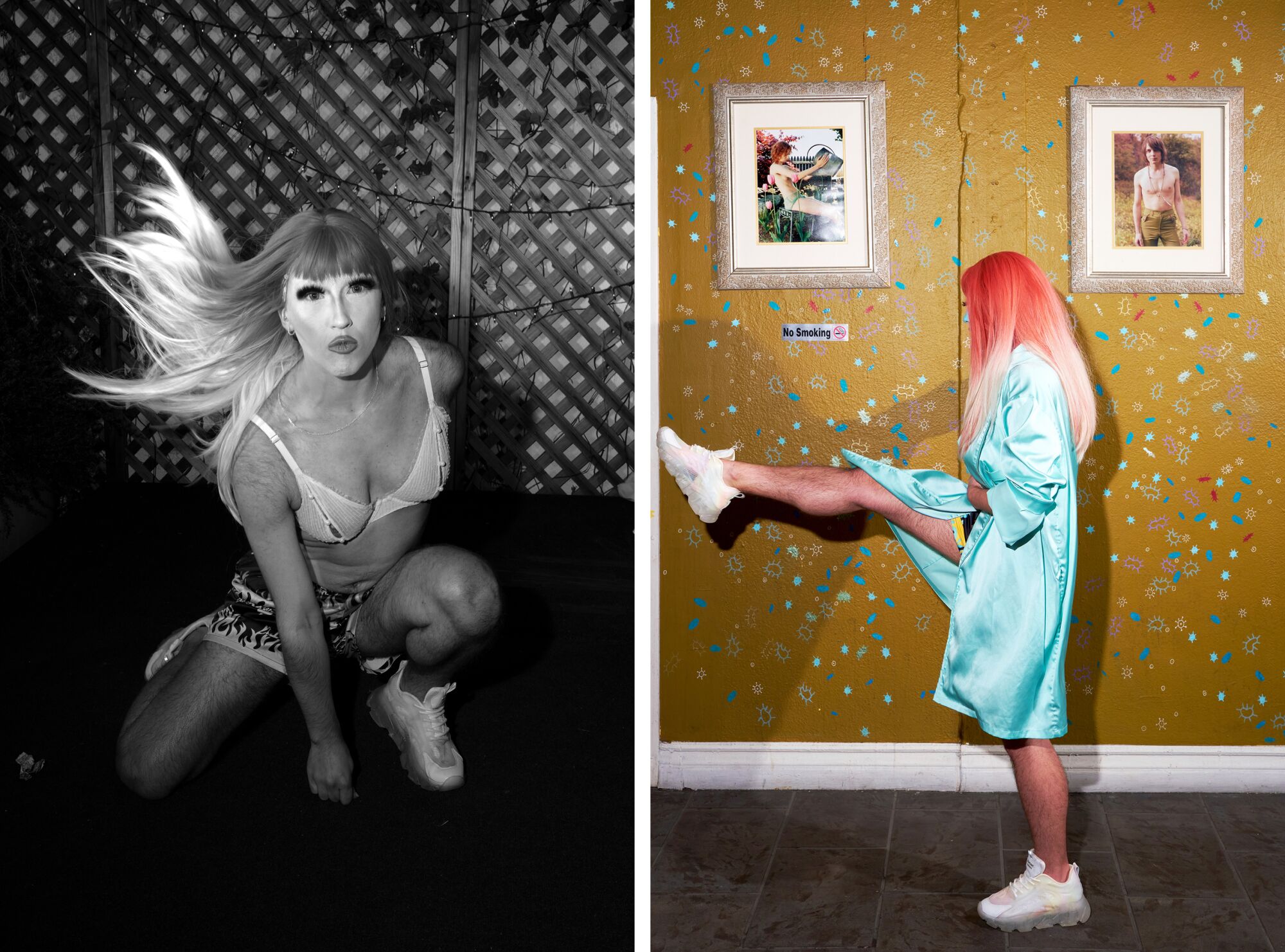 Left, a black-and-white photo of a person in drag kneeling; right, the person in a blue bathrobe backstage, stretching
