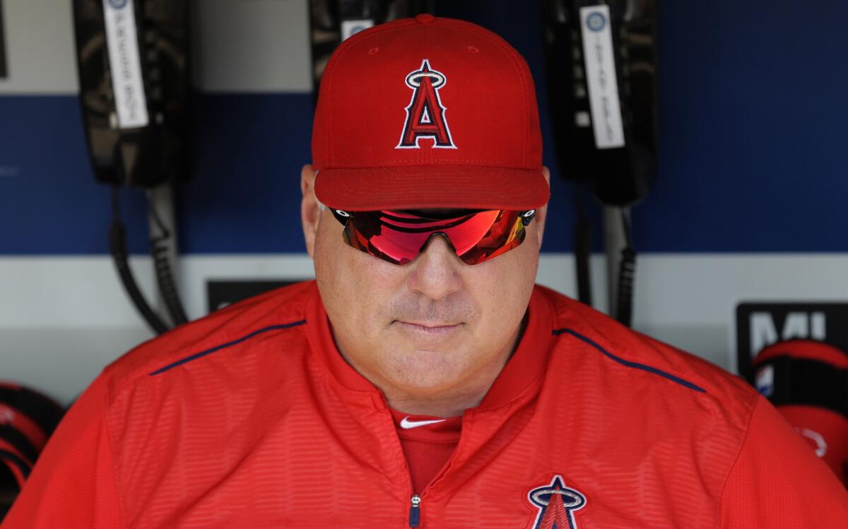 Angels Manager Mike Scioscia sits in the dugout before a game against the Mariners earlier this month.