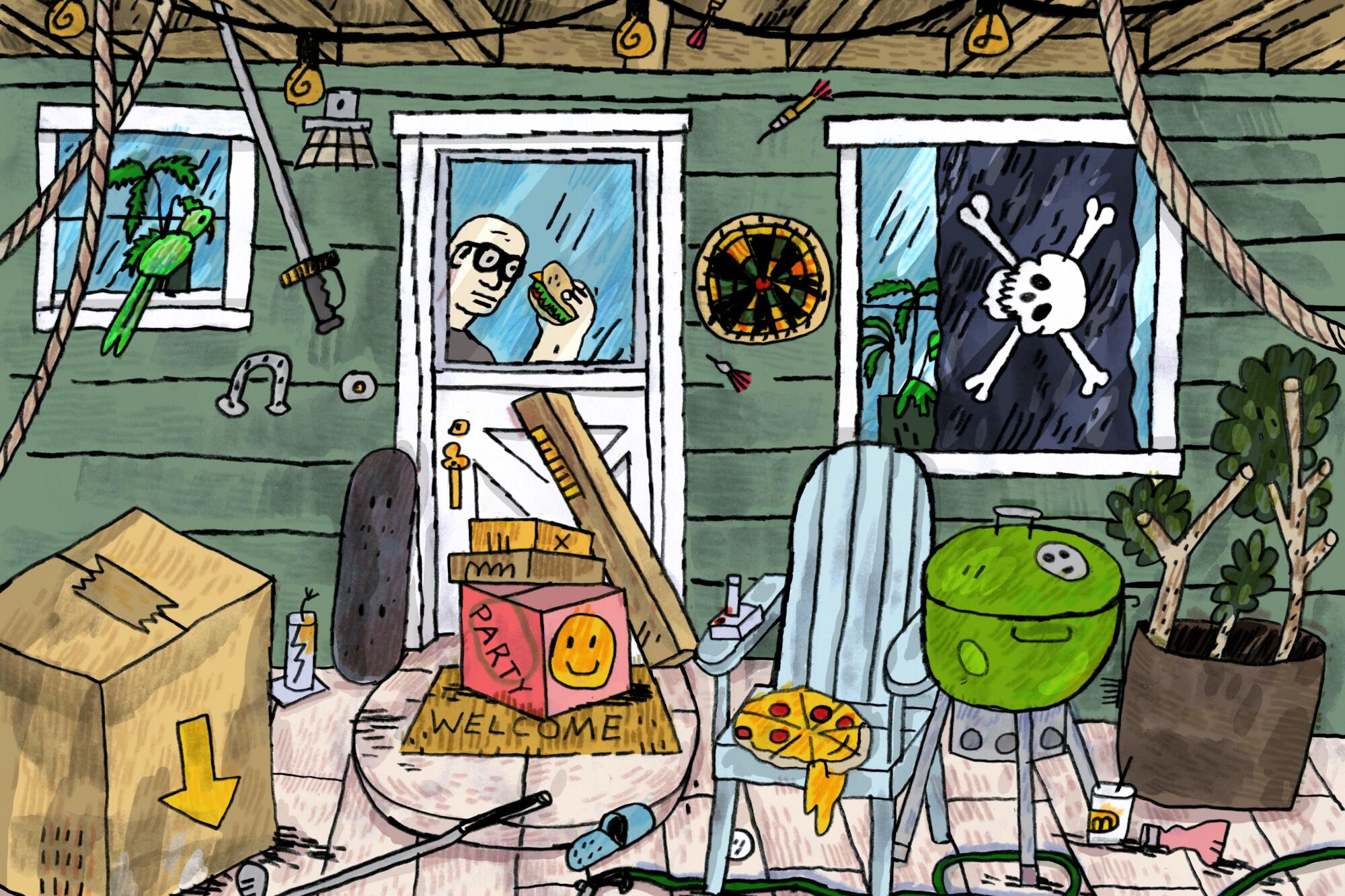 A pirate flag hangs in the window of a house. Writer Adam Tschorn peeks out the door window holding a sandwich.