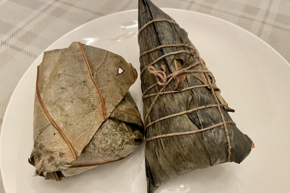 From left, the sweet rice chicken and the "Chinese tamale" from Long's Family pastry in Chinatown.