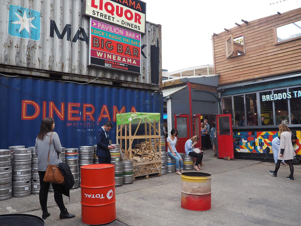 The entrance to Dinerama, an outdoor market for street food in Shoreditch in London.